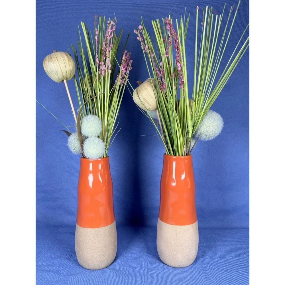 Modern Orange Ceramic Vase Floral Decor Arrangement Home Accent Set